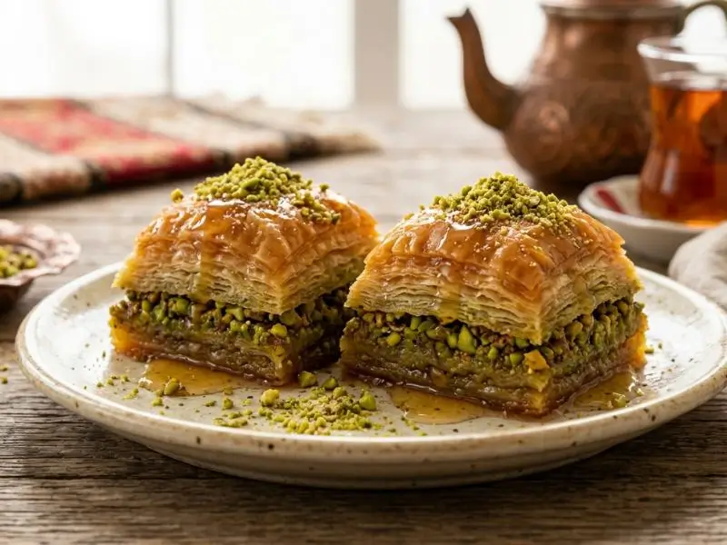 Honey-soaked baklava with pistachio filling.