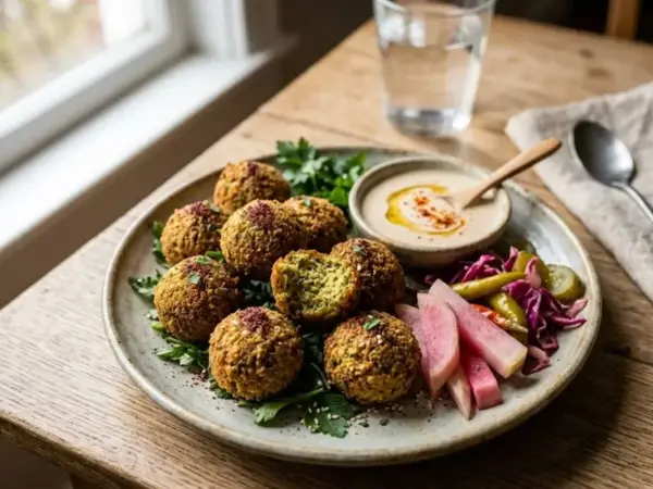 Falafel served with tahini and pickled vegetables - Aladdin Mediterranean Cuisine