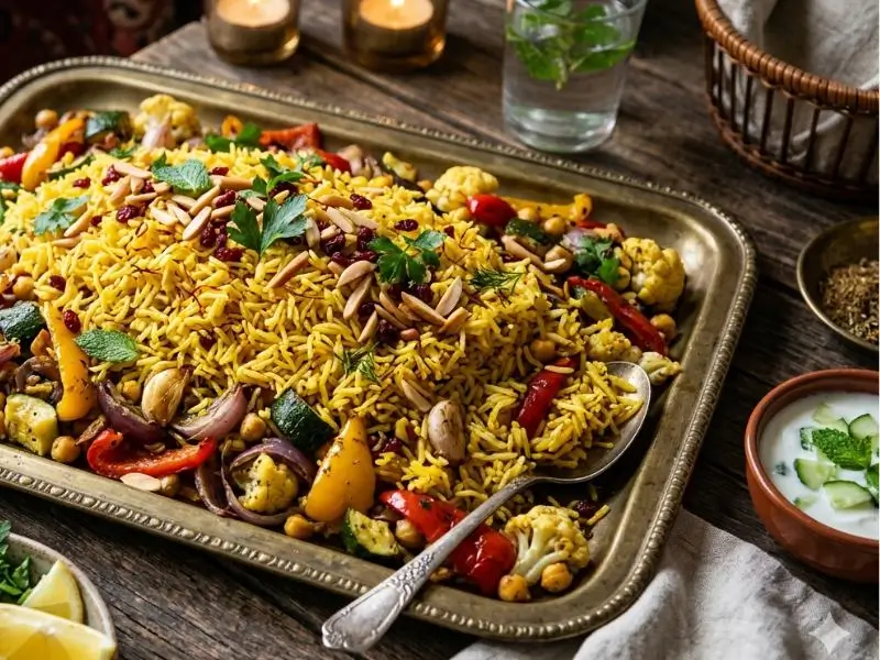 Saffron rice pilaf with vegetables in a tray
