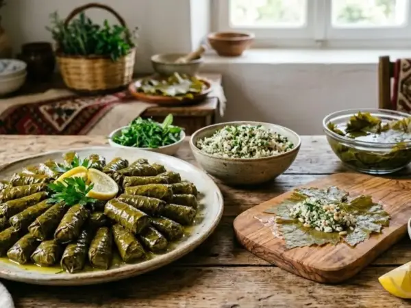 Stuffed grape leaves platter with lemon and herbs - Aladdin Mediterranean Cuisine