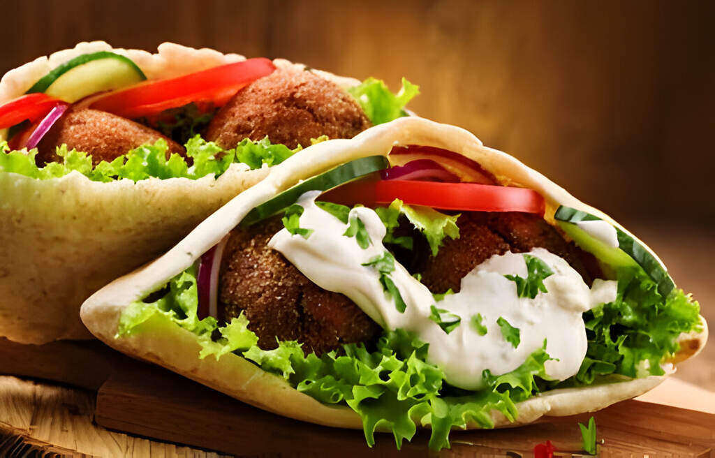 Falafel, most popular mediterranean food with fresh vegetables in pita bread on wooden table