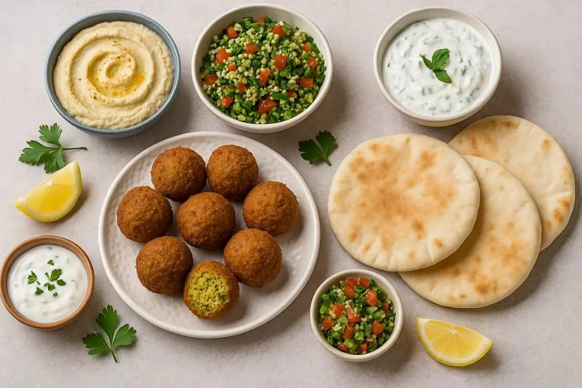 Crispy falafel balls with hummus, tabbouleh, tzatziki and warm pita bread on a platter.