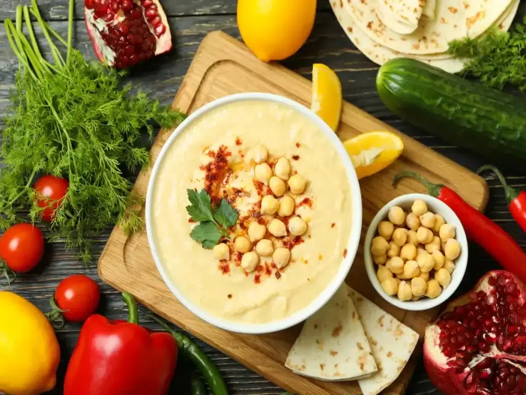 Creamy hummus topped with chickpeas, parsley, and paprika, surrounded by fresh ingredients for vegan Mediterranean recipe