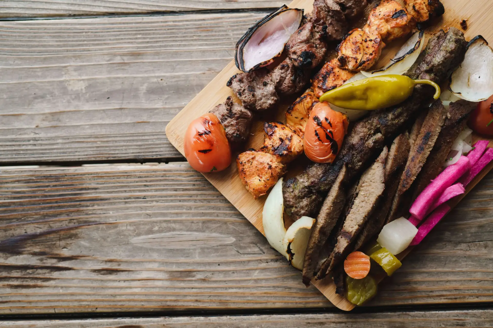 Grilled kabobs at Aladdin Montrose Houston Mediterranean Restaurant