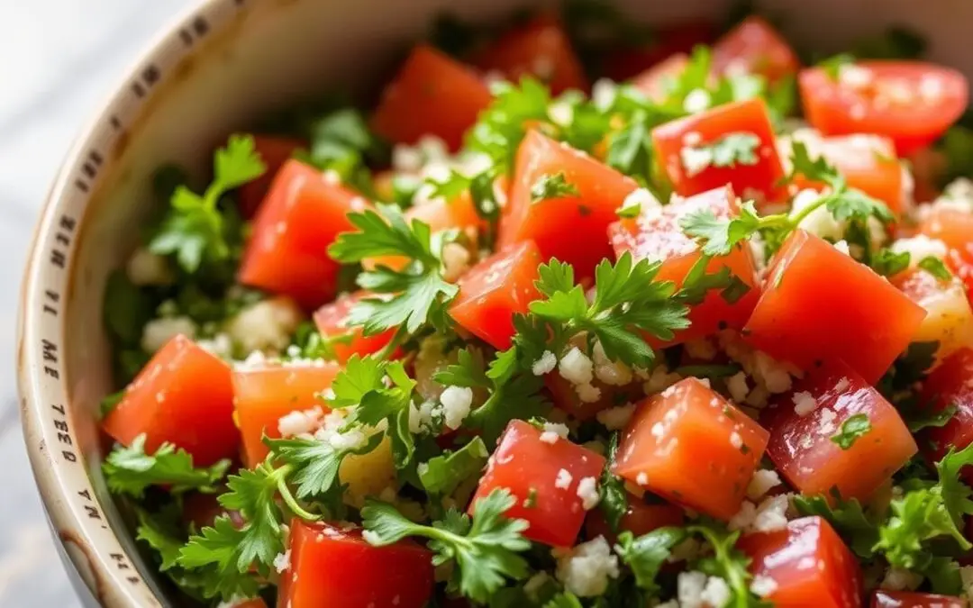 Fresh Tabouli salad with parsley, tomatoes, and lemon juice