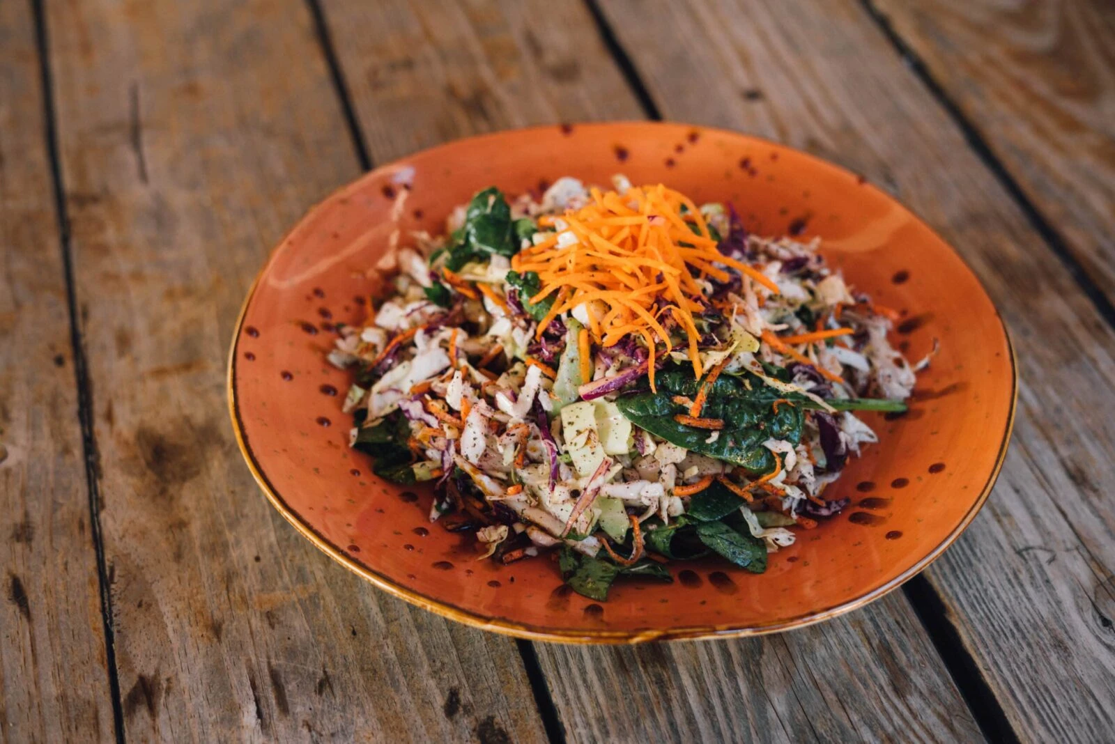 A cabbage sala in a flat top bowl which is orange color and the salad is centered with shredded carrots