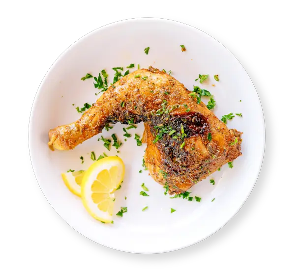 Baked chicken leg quarter from Aladdin Mediterranean Cuisine—crispy golden skin, juicy meat.