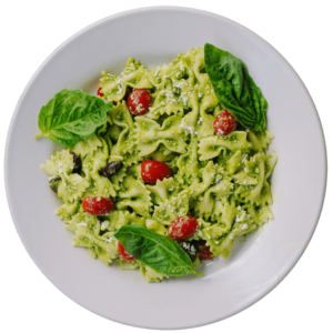 Refreshing Mediterranean pasta salad with basil pesto, kalamata olives and feta