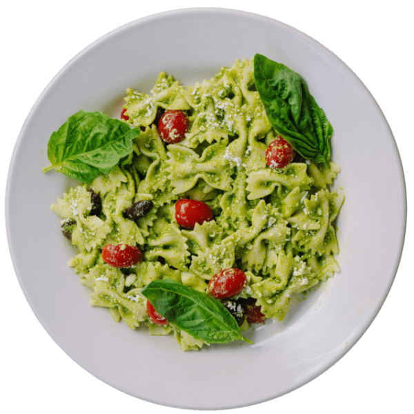 Refreshing Mediterranean pasta salad with basil pesto, kalamata olives and feta