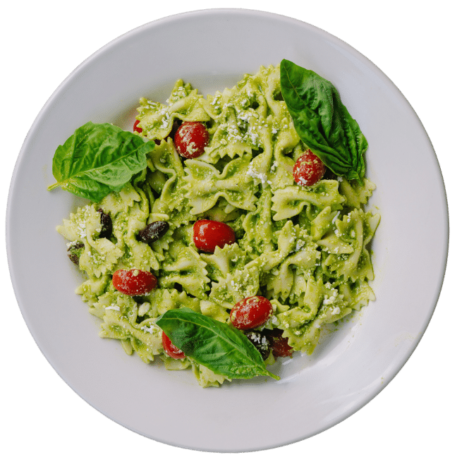 Refreshing Mediterranean pasta salad with basil pesto, kalamata olives and feta