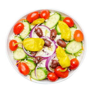 Authentic Greek salad with pickled jalapeno garnish