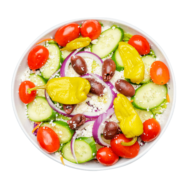 Authentic Greek salad with pickled jalapeno garnish