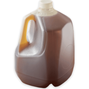 A gallon-sized plastic container filled with iced tea, featuring a convenient handle for easy pouring