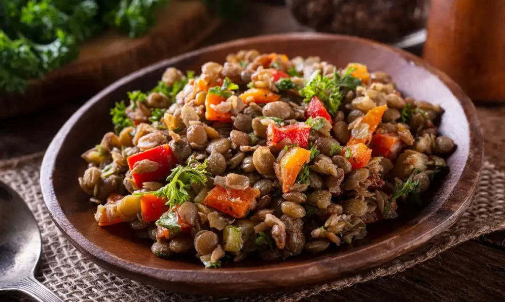 A close-up of a Lebanese-style lentil salad served in a rustic wooden bowl. The salad is a mix of cooked brown lentils, diced red and orange bell peppers, chopped parsley, and other herbs.