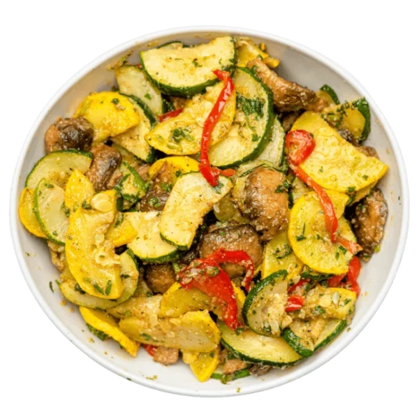 lemon cilantro squash prepared with sliced squash, mushrooms and zucchini.