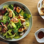 A bowl of Fattoush salad on a wooden table, featuring mixed greens, radishes, grilled pita bread, and sun-dried tomatoes