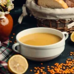 lentil soup served in white bowl with lemons