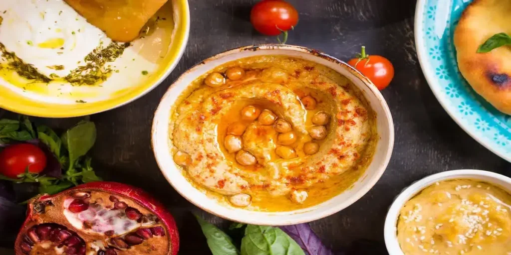 Middle Eastern table featuring a bowl of hummus garnished with chickpeas, paprika, and olive oil, surrounded by pomegranate, tomatoes, and traditional bread