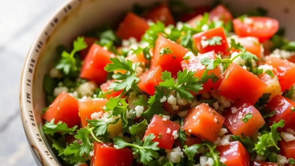 Fresh Turkish Tabouli salad with parsley, tomatoes, and lemon juice