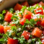 Fresh Turkish Tabouli salad with parsley, tomatoes, and lemon juice