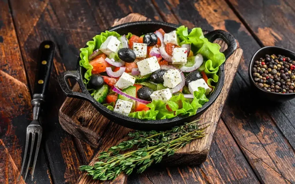 Classic Greek salad with feta cheese, olives, cucumbers, and tomatoes in a cast-iron bowl, perfect for a Keto Mediterranean diet.