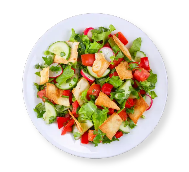 Fresh Fattoush salad with crispy pita, cucumber, tomato, and greens from Aladdin Houston Mediterranean Grill.