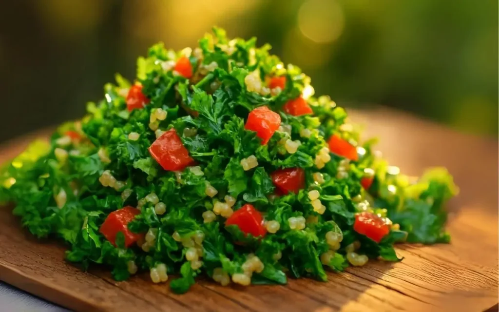 Fresh tabbouleh salad—parsley, bulgur, tomatoes and mint—showcasing Lebanese cuisine at Aladdin Mediterranean cuisine in Houston