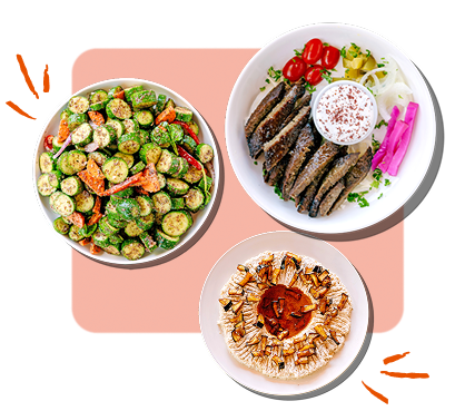 Fresh Mediterranean food platter with hummus, tabbouleh, and grilled kabobs served at Aladdin Mediterranean Cuisine Houston - halal restaurant near me