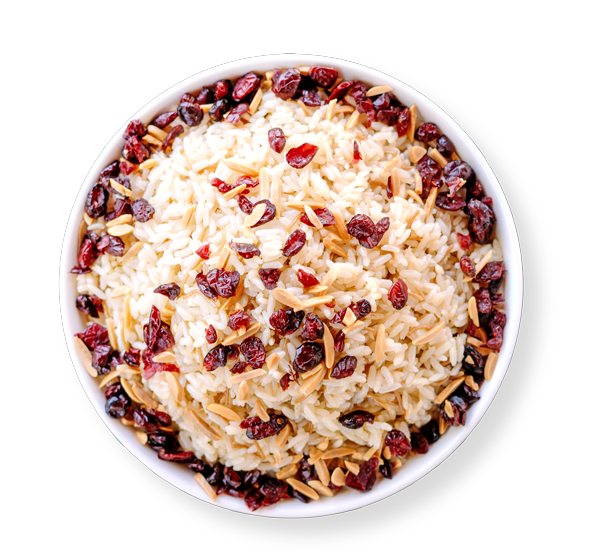 Fluffy basmati rice mixed with almonds and cranberries, served at Aladdin Mediterranean Cuisine in Houston.
