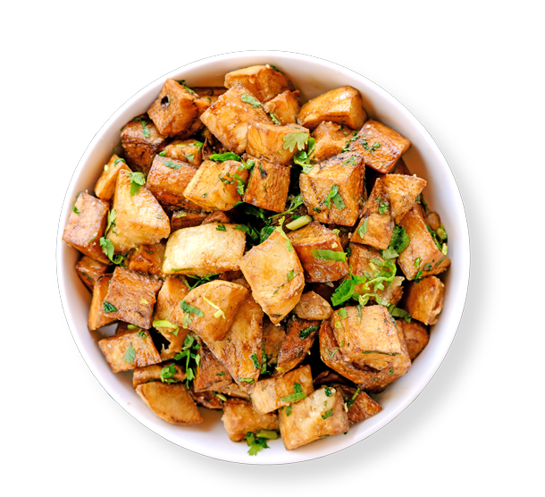 Lemon cilantro potatoes in a white bowl and no background a perfect Lunch near me spot Aladdins houston