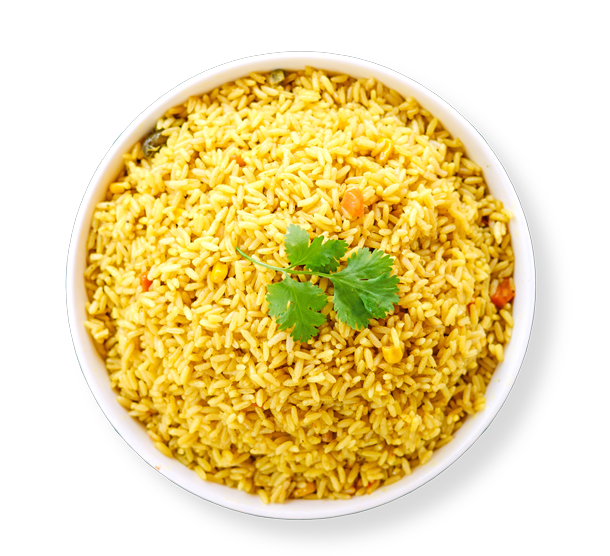 Golden saffron rice garnished with fresh parsley, served at Aladdin Mediterranean Cuisine in Houston.