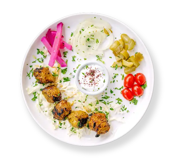 Grilled lamb kabob plate served with garlic sauce, pickles, and fresh sides at Aladdin Houston Mediterranean restaurant
