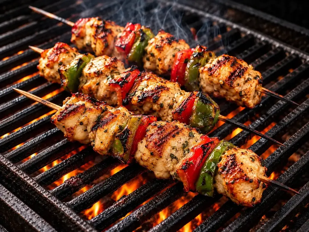 Grilled Mediterranean chicken kabobs with red and green bell peppers on skewers over an open flame.