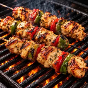 Grilled Mediterranean chicken kabobs with red and green bell peppers on skewers over an open flame.