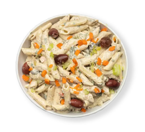 Creamy Mediterranean Pasta Salad with olives, bell peppers, and herbs from Aladdins Houston