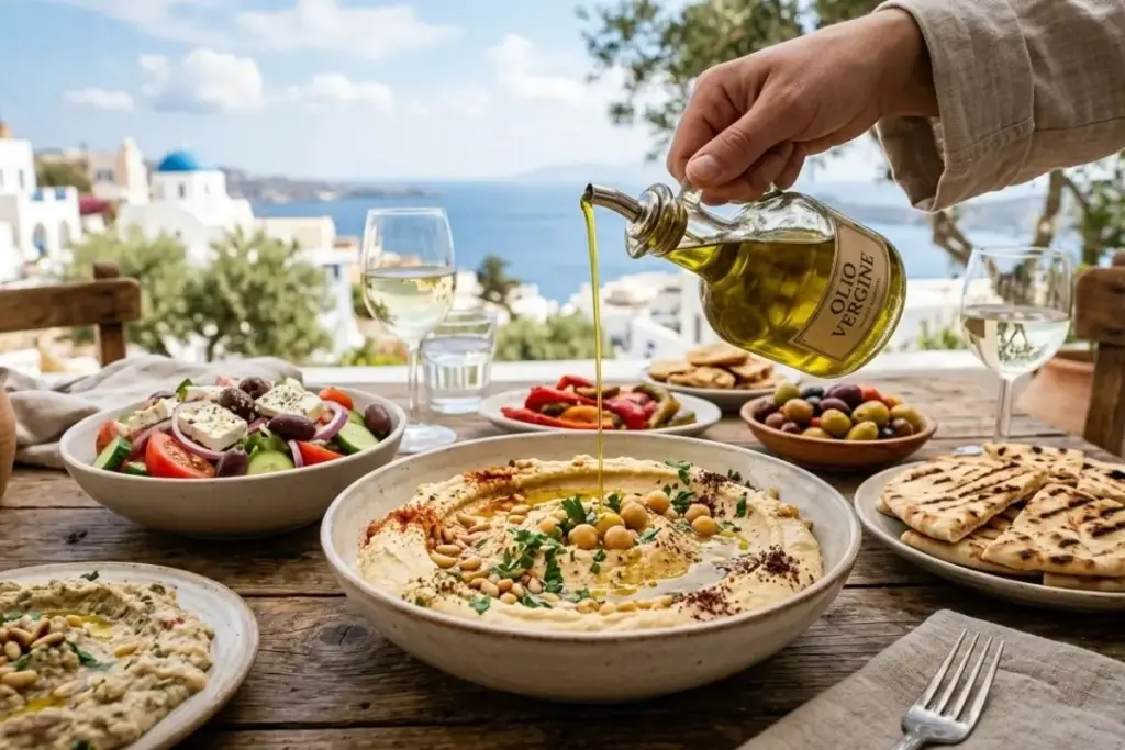 Extra virgin olive oil drizzled over Mediterranean food at Aladdin Houston