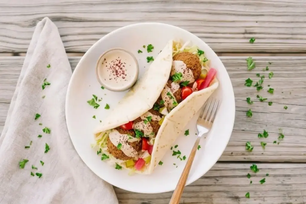 Healthy falafel wrap with fresh vegetables, served as a Mediterranean lunch o.ption