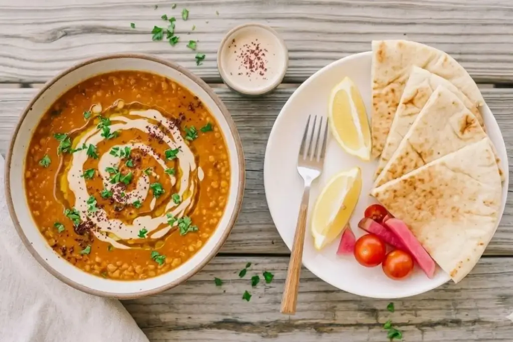 Healthy lentil soup served hot, a comforting Mediterranean lunch option
