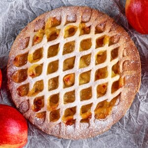 Whole 10-inch apple pie with golden lattice crust, serves 8 to 10