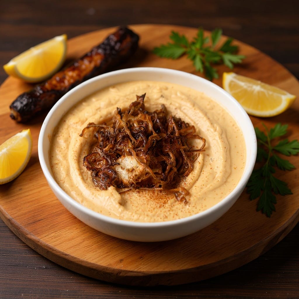 Creamy caramelized onion hummus dip with fresh pita bread and vegetables from Aladdin Mediterranean catering Houston.