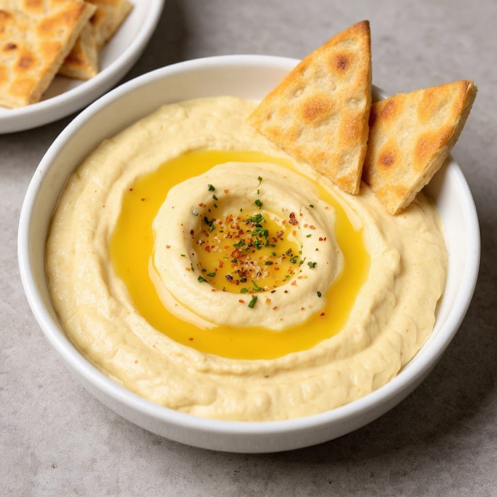 A bowl of creamy classic hummus with olive oil and pita bread for Aladdin Mediterranean catering Houston.