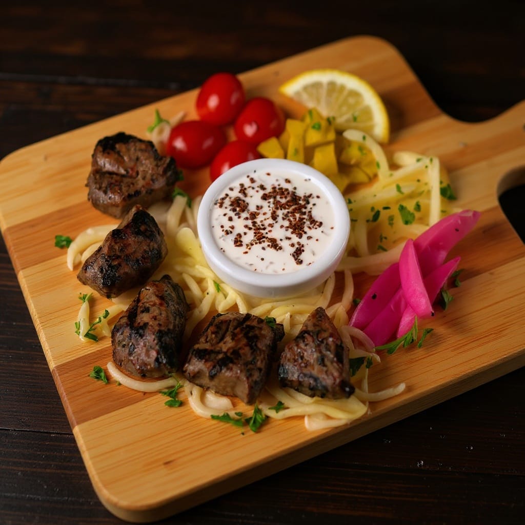 Grilled filet steak kabob platter with dipping sauce and pickles from Aladdin Mediterranean catering Houston.