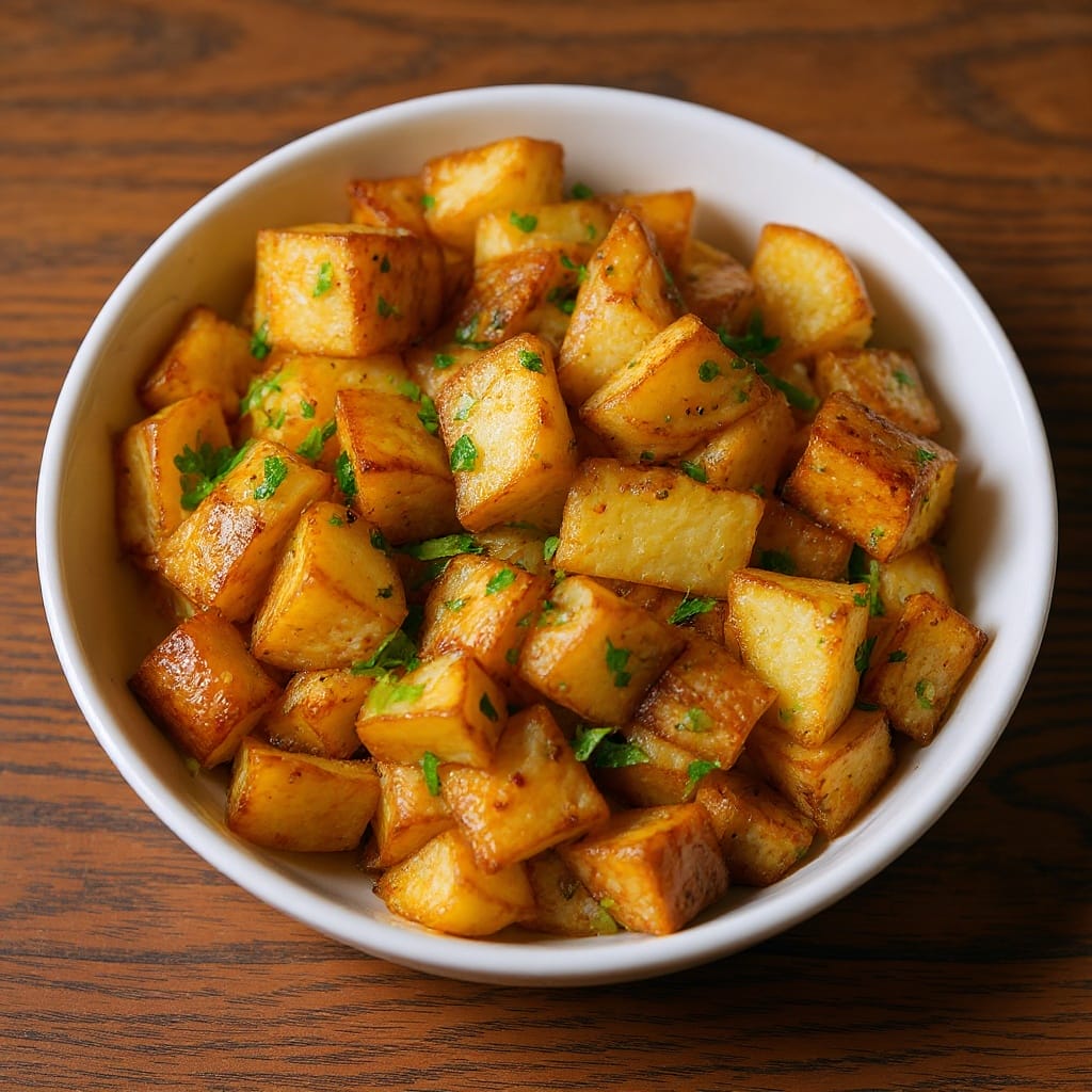 Golden Lemon Cilantro Roasted Potatoes in a white bowl from Aladdin Mediterranean catering Houston.