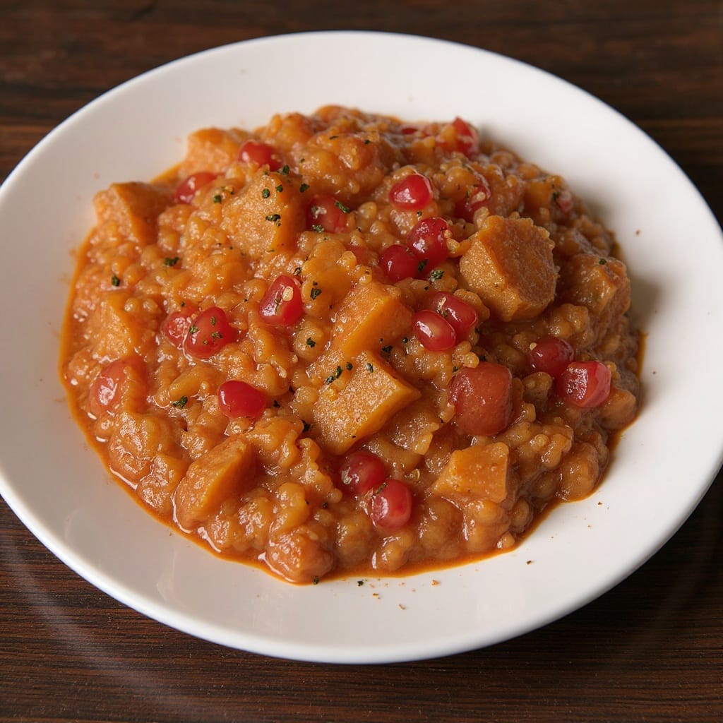 A warm bowl of pomegranate eggplant stew with fresh mint and pita, from Aladdin Mediterranean catering Houston.
