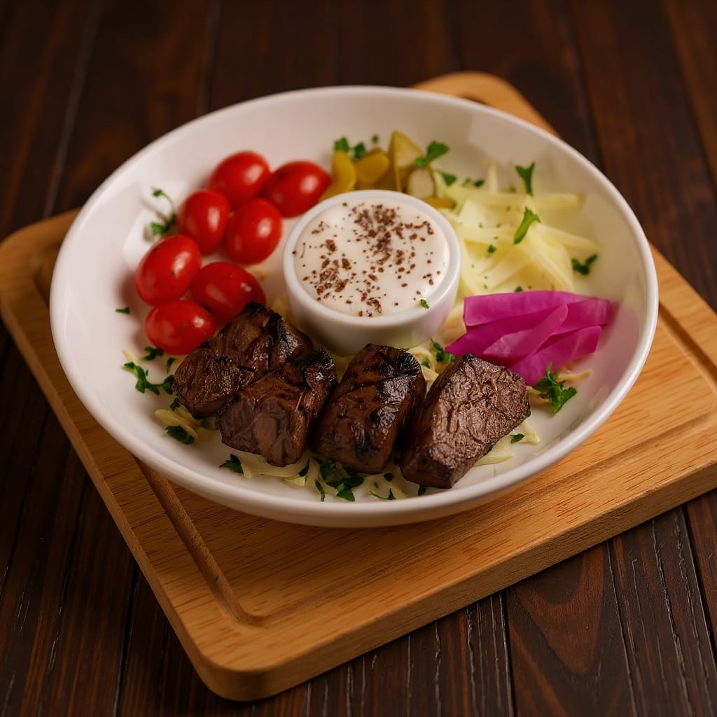 Grilled sirloin beef kabob platter with fresh tomatoes, pickles, and garlic sauce from Aladdin Mediterranean catering Houston.