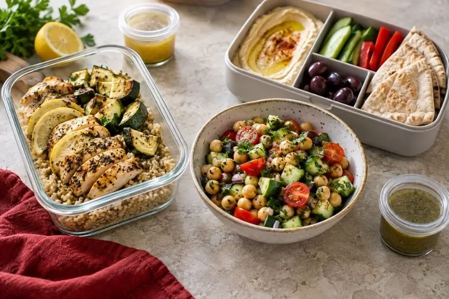 Chicken and grain bowl, chickpea salad, and hummus lunch box with pita and separate dressing.