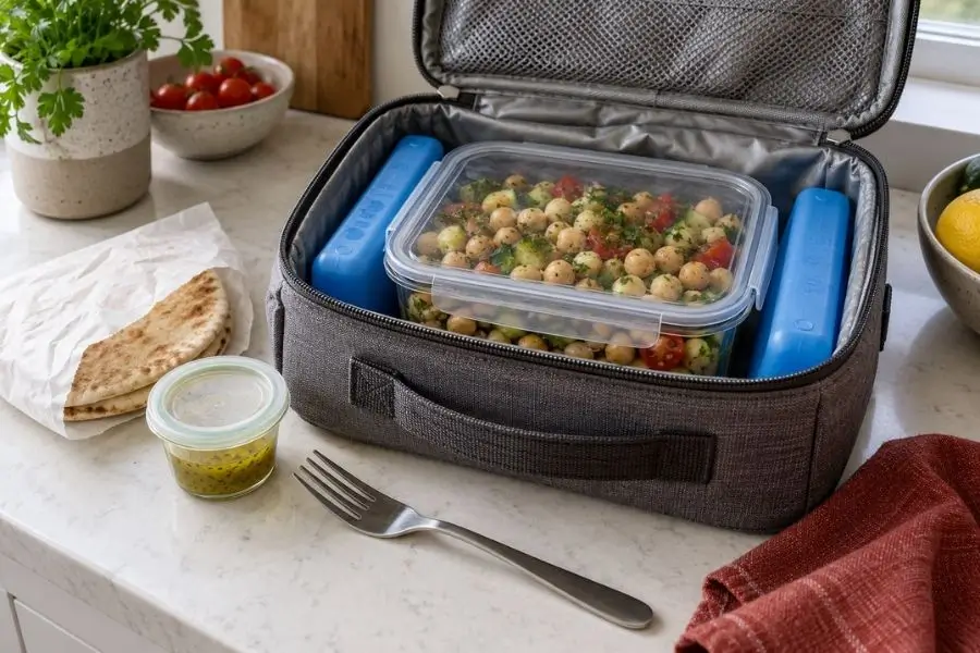 Chickpea salad packed in an insulated lunch bag between two blue ice packs.