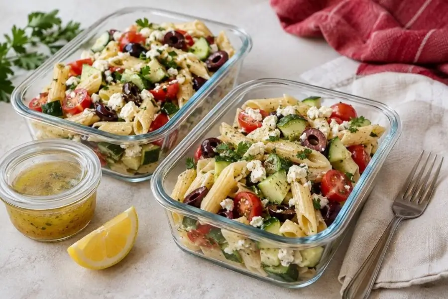Two containers of penne salad with cucumber, tomatoes, olives, feta, and separate lemon dressing, for a healthy Mediterranean meal prep.